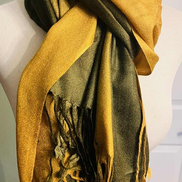 Silk & Pashmina Scarf – Golden Olive Elegance- NWT - Picture 11 of 14